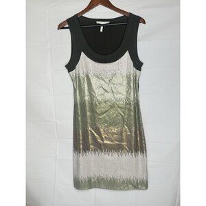 Max and Cleo Dress Sleeveless Sequince Front Size Medium Green Gold